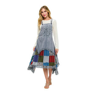26359 G Yak & Yeti Hippy Boho Print Patch Work Overall Dress Gray Various Sizes